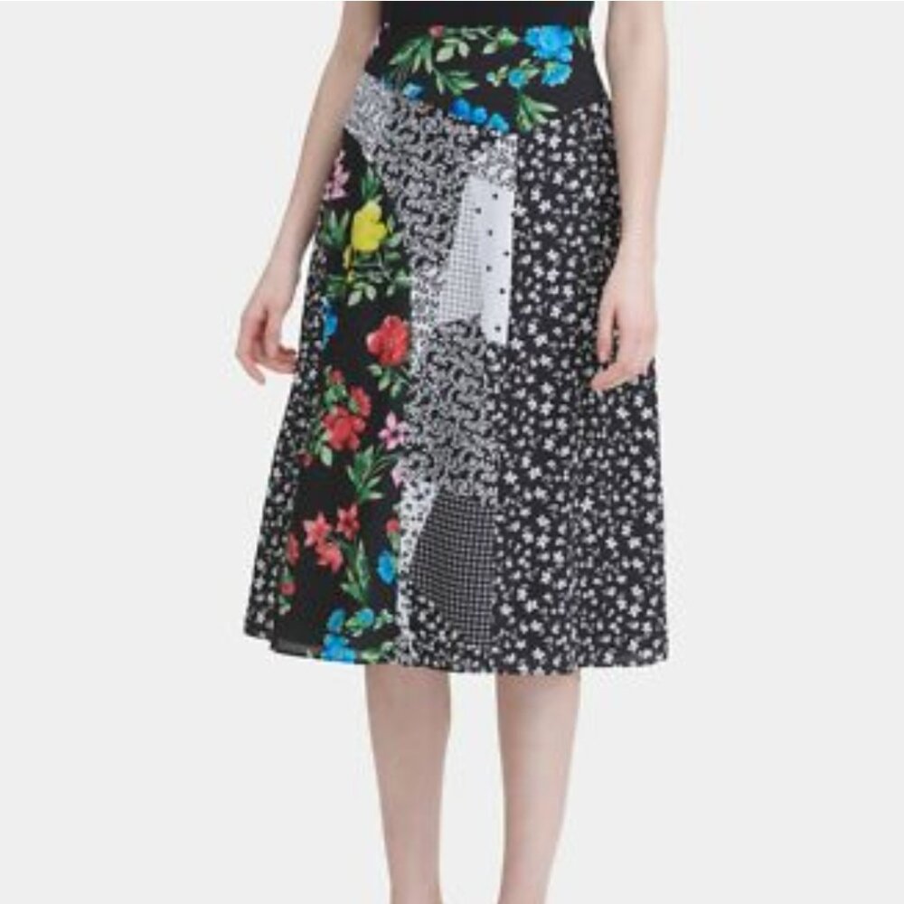 Calvin Klein Patchwork Boho Multi Pattern Floral A Line Skirt Size 8